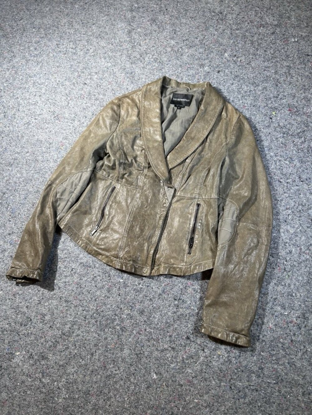 Emporio Armani Genuine Leather Jacket Olive Distressed Women Size 46 /2008